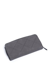 Gray rectangular wallet made of textured material with a diamond pattern, featuring a zip closure and a black zipper pull.
