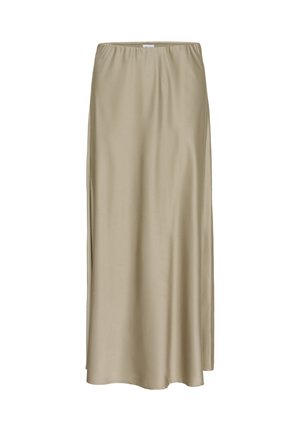 Gonna maxii beige in satin con vita elastica, silhouette dritta, lati senza cuciture e una consistenza morbida.