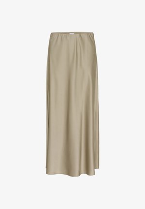 Beige satijnen maxi rok met een elastische tailleband, een rechte silhouet, naadloze zijkanten en een zachte textuur.