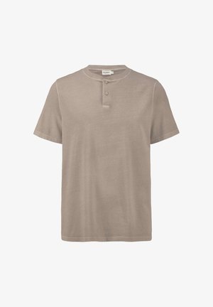 Korte mouwen henley-shirt in lichtbeige stof, met een ronde halslijn en een twee-knopen sluiting. Zachte textuur met een relaxte pasvorm.