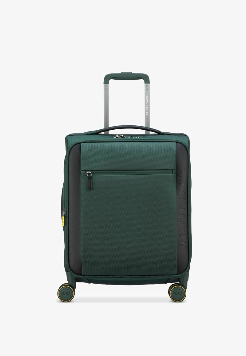 Groene stoffen koffer met een gestructureerd oppervlak, zwarte accenten, een uittrekbare handgreep en wielen met gele punten. Voorzien van een voorste ritszak.
