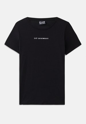 Zwart T-shirt met korte mouwen van katoen, met het "EA7 Emporio Armani" logo in witte tekst op de borst, ronde halslijn.