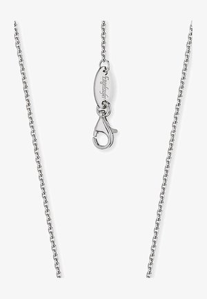 Sølv kædelykke med en krokodillelås. Funktioner et fint linkdesign, glat tekstur og et ovalt mærke nær låsen.