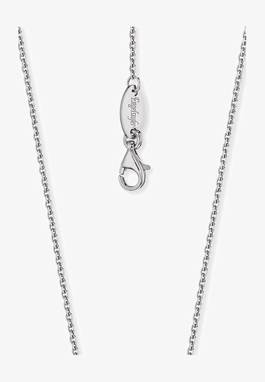 Collana in argento con chiusura a moschettone. Presenta un design a maglie sottili, una superficie liscia e un'etichetta ovale vicino alla chiusura.