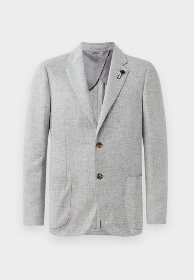 Light gray blazer featuring a textured fabric, two front pockets, and brown buttons. The interior has a smooth gray lining with an accent pin.