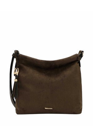 Dunkelbraune Wildleder-Schultertasche mit schwarzem Riemen und dekorativer Quaste, kleines goldenes Markenlogo vorne in der Mitte.