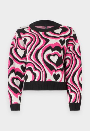 Pleteni pulover s valovitom uzorkom ružičastih, bijelih i crnih srca. Rebrasti ovratnik i manžeti; skraćeni dizajn. Mekana tekstura.