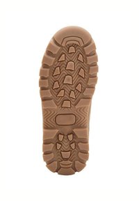 Gummisula med djupa mönster och varierade mönster; beige färg; designad för grepp och stabilitet på ojämna ytor.