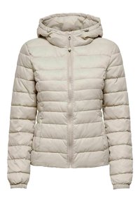 Veste matelassée gris clair avec fermeture éclair frontale et capuche. Comprend des poignets côtelés, une texture matelassée et une silhouette ajustée.