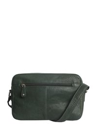Grüne Leder-Crossbody-Tasche mit einem Reißverschluss-Vorderfach, glatter Textur, rechteckiger Form, verstellbarem Tragegurt und minimalen Nähdetails.