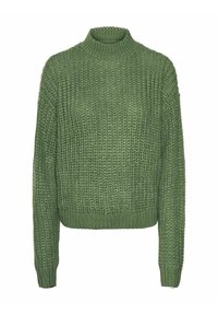 Grüner gestrickter Pullover mit hohem Kragen, der ein strukturiertes, grobmaschiges Design sowie gerippte Bündchen und Saum aufweist. Robuster Stoff mit lockerem Sitz.