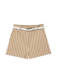 Pantaloni corti a righe beige con una cintura bianca, realizzati in tessuto liscio con una vestibilità su misura, tasche oblique e vita media.