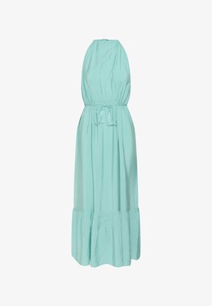 Egy menta zöld, ujjatlan ruha, textúrált felső résszel, ráncolt bodiccal és fodros aljjal. Az övnél húzózsinóros megoldással.