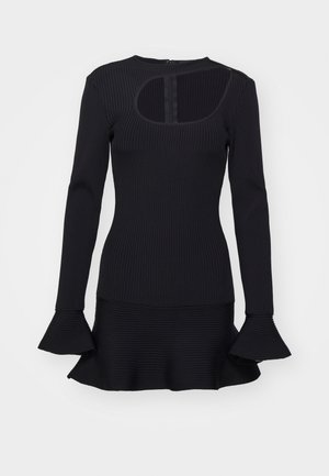 Schwarzes geripptes Kleid mit langen Ärmeln, verfügt über einen runden Halsausschnitt und ausgestellte Bündchen, strukturierten Stoff und eine Aussparung im Rücken.