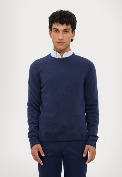 Pulover bleu marin din țesătură tricotată moale, cu gât rotund clasic, manșete și tiv cu nervuri, purtat peste o cămașă cu guler bleu deschis.