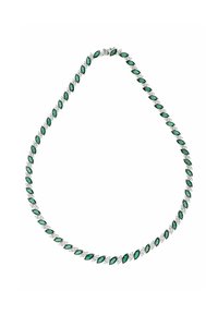 Emerald and diamond necklace featuring alternating marquise-cut emeralds and diamonds in a seamless, flexible design. Silver metallic accents.