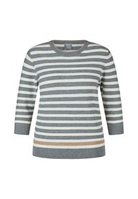 Grau-weiß gestreifter Pullover mit Dreiviertelärmeln, Rundhalsausschnitt und einem beigen Akzentstreifen am Saum. Aus weichem Stoff gefertigt.