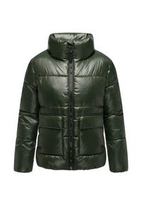 Groene pufferjack met hoge kraag, glanzende afwerking, ritssluiting aan de voorkant en twee grote klepzakken. Ontworpen met horizontale gestikte details.