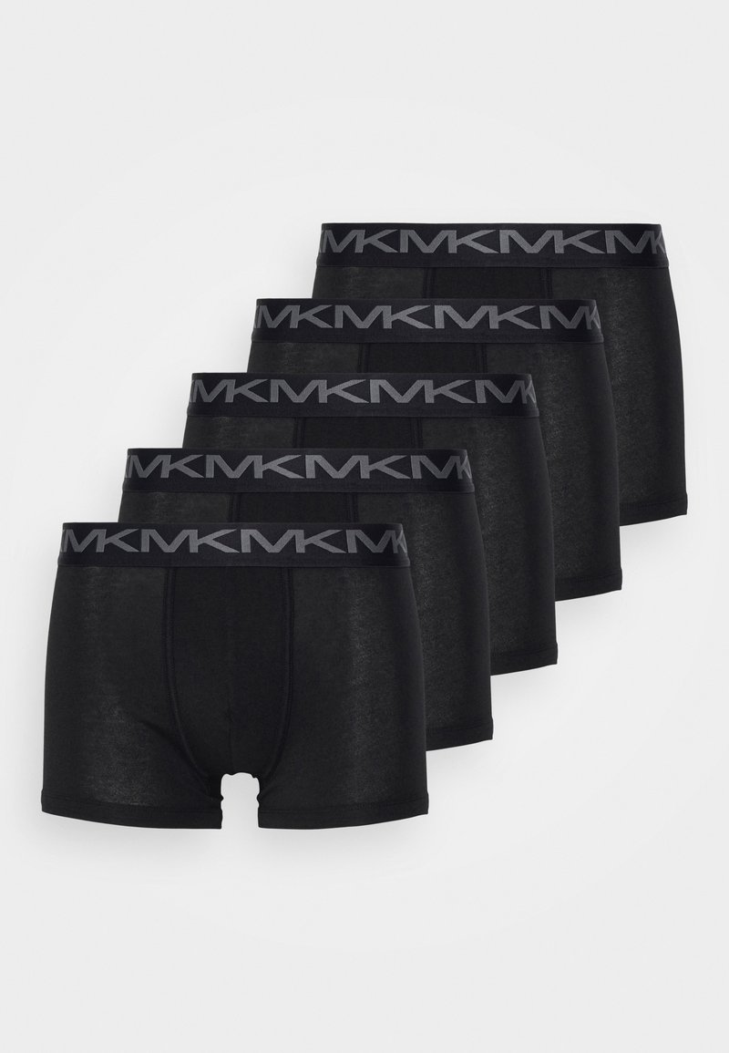 Fekete boxer alsónadrág ötös csomagban. Simaságú anyag, elasztikus szürke derékszíj márkalogóval, középhosszú, a comb közepéig ér, minták nélkül.