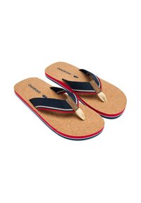 Tongs en liège avec des brides en tissu bleu marine ornées d'accents rouges et bleus, semelle texturée, et un design de séparateur de orteils arrondi.