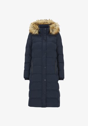 Marineblauer Steppmantel mit Kapuze, die mit Kunstpelz gefüttert ist, gesteppter Textur, vorderseitigen Knopfverschlüssen und zwei seitlichen Reißverschlusstaschen.