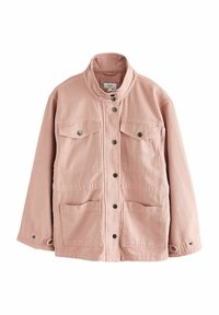 Veste rose clair en coton, dotée d'un col montant, de deux poches poitrine et de deux poches inférieures, avec des fermetures à pression en métal.