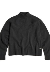Pull tricot gris charbon avec col, poignets et ourlet côtelés, comportant une petite étiquette G-Star noire et blanche sur le côté inférieur.