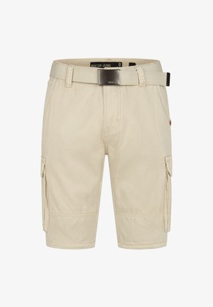 Bež kratke hlače s dodatnim džepovima i strukturiranom tkaninom, s bočnim džepovima, petljama za pojas i uparenom remenom. Jednostavan dizajn i ravni kroj.