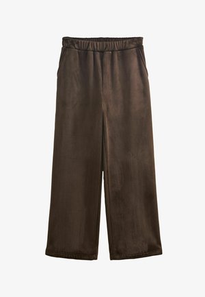 Pantaloni largi din corduroy maro, cu talie elastică, având o textură cu nervuri verticale și fără închideri sau buzunare vizibile.