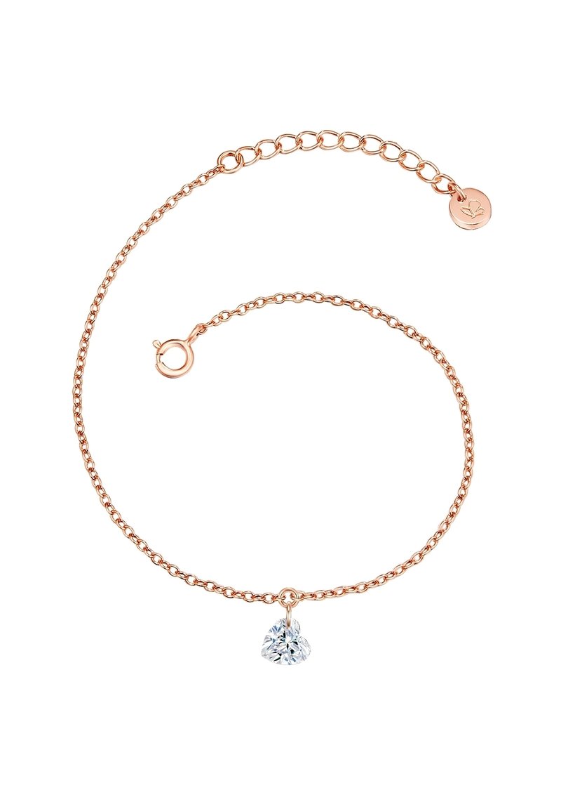 Rožu zelta ķēdīte ar sirds formas caurspīdīgu kristālu piekariņu, ar lokanā sprādzi un regulējamu garumu.