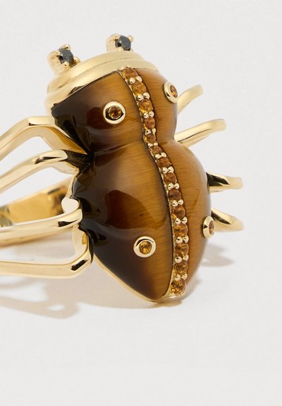 Kuldse tooniga sõrmus, millel on ämbliku kujundus. Keha on valmistatud pruuni tiigrisilmast, kaunistatud mustade ja kollaste vääriskividega. Täpsemalt kujundatud jalad ja silmad.