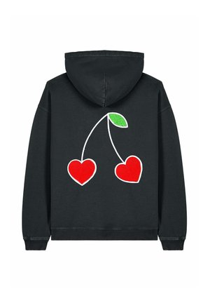 Un sweat à capuche noir avec un grand graphique de deux cœurs rouges reliés par une tige et une feuille verte au dos, avec des contours blancs.