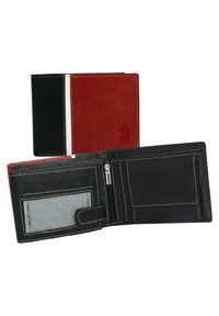 Bifold wallet in black and red leather, featuring a zippered pocket, card slots, and contrasting stitching. Textured surface and embossed detail.