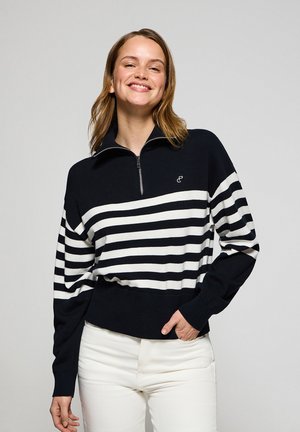 Pullover a righe blu navy e bianche con colletto a zip a quarto, realizzato in un tessuto a maglia testurizzato e con polsini e orlo a coste.