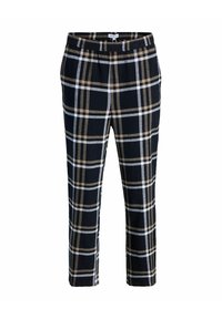 Pantaloni a scacchi in blu navy, beige e bianco; cintura elastica; design a gamba dritta; tessuto morbido con finitura testurizzata; lunghezza a metà polpaccio.