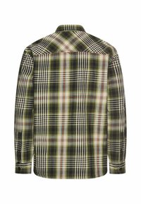 Langdurige geblokte blouse met lange mouwen in groene, zwarte, witte en bruine tinten, weergegeven vanuit de achterkant met knoopsluiting bij de manchetten en een opgevouwen kraag.