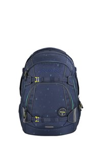 Navy blue backpack with geometric pattern, two front pockets, yellow hardware accents, padded straps, and reinforced bottom for durability.