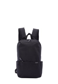 Black nylon backpack with adjustable padded shoulder straps, front zip pocket, and a top carry handle. Smooth texture, minimalist design.