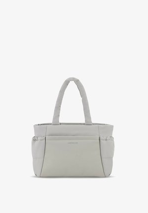 Grijze zachte draagtas met twee korte handvatten, met een voorlogo-accent en een gladde, matte textuur. Gestructureerd ontwerp met een vlakke bodem.