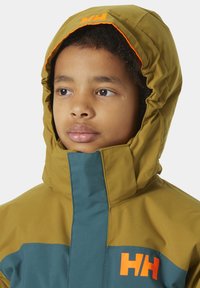 Grüne und tealfarbene, isolierte Jacke mit Kapuze, die ein oranges Logo und Akzente aufweist, eine glatte Textur und ein hohes Kragen-Design hat.