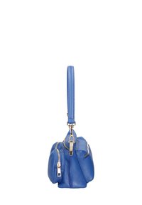 Blauwe leren handtas met een gestructureerde afwerking, voorzien van een bovenhandvat, twee ritsvakken en accenten van zilveren hardware.