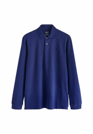 Marineblaue Langarm-Polohemd aus glattem Baumwollmaterial. Mit einer Knopfleiste mit zwei Knöpfen und einem kleinen gestickten Logo auf der Brust.