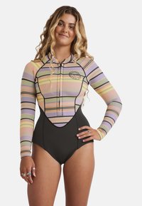 Colorful striped rash guard in pastels and black, featuring long sleeves, half-zip front, and a logo patch on the chest.