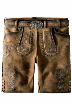 Brown leather shorts featuring embroidered floral patterns, decorative seams, a belt with a silver buckle, and button accents on the side.