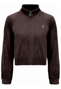 Giacca zip-up in velluto marrone con colletto alto, maniche raglan e tasche laterali. Presenta polsini elasticizzati e un piccolo logo sul petto.