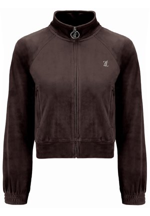 Bruine velours zip-up jas met een hoge kraag, raglanmouwen en zijzakken. Voorzien van elastische manchetten en een klein logo op de borst.