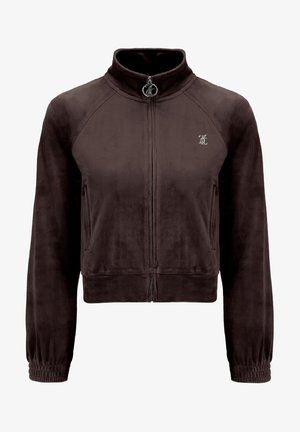 Bruine velours zip-up jas met een hoge kraag, raglanmouwen en zijzakken. Voorzien van elastische manchetten en een klein logo op de borst.