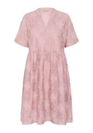 Vestito rosa a maniche corte con scollo a V e inserto in pizzo floreale, vita arricciata e orlo al ginocchio.