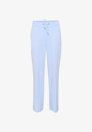 Heledad sinine dressipüksid pehmest kangast, millel on elastne vöökoht ja paelad ning külgseemne taskud. Sirge jala disain.