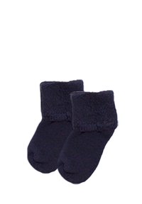 Marineblaue Socken mit einem dicken, strukturierten Bündchen. Das Material wirkt weich und dehnbar und ist darauf ausgelegt, bequem am Fuß zu sitzen.